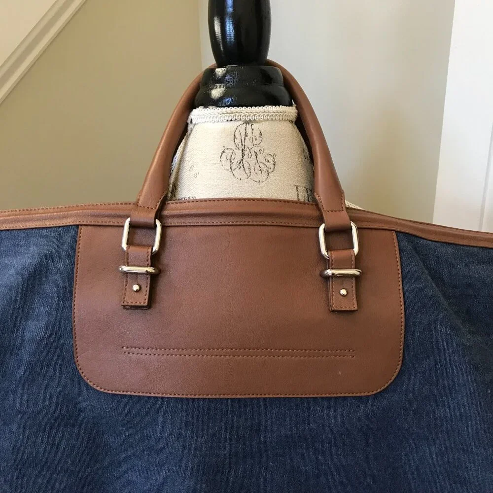 Eleventy Canvas Leather Travel Tote Bag Mens Navy Blue Brown Commuter Top Zipper